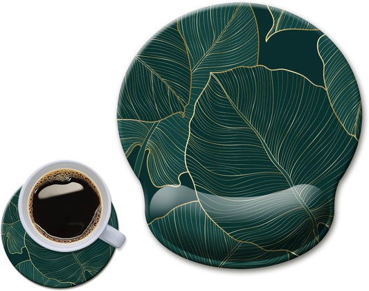Ergonomic Mouse Pad with Wrist Support Gel Mouse Pad with Wrist Rest, Comfortable Computer Mouse Pad for Laptop, Pain Relief Mousepad with Non-Slip Rubber Base,Green Leaves